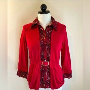 Kim Rogers Women's Red Cardigan Set With Paisley Blouse & Belt Size M